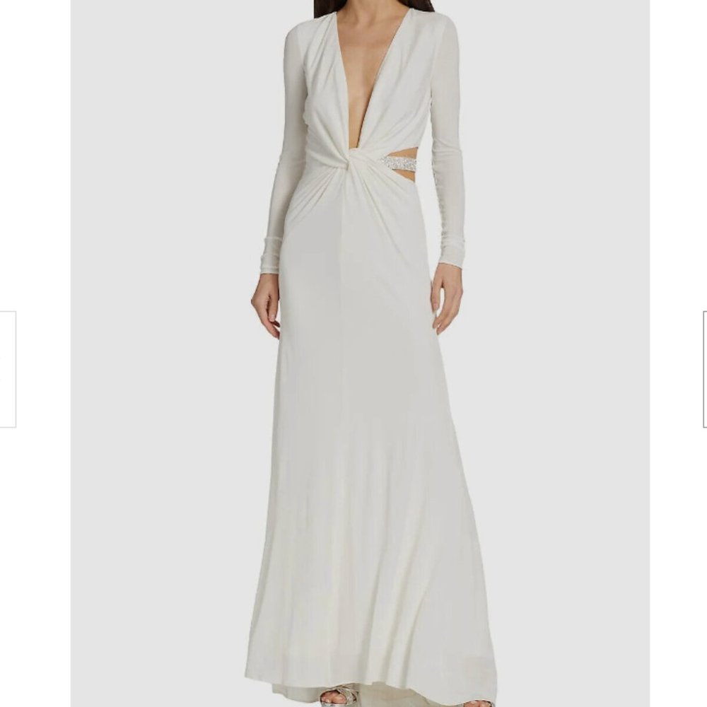 Halston Sofia Jersey Crystal Band Gown - Long Sleeve Plunge Dress